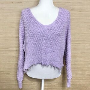 Free People Purple Large Knit Boatneck Fringe Hem Pullover Crop Sweater XS